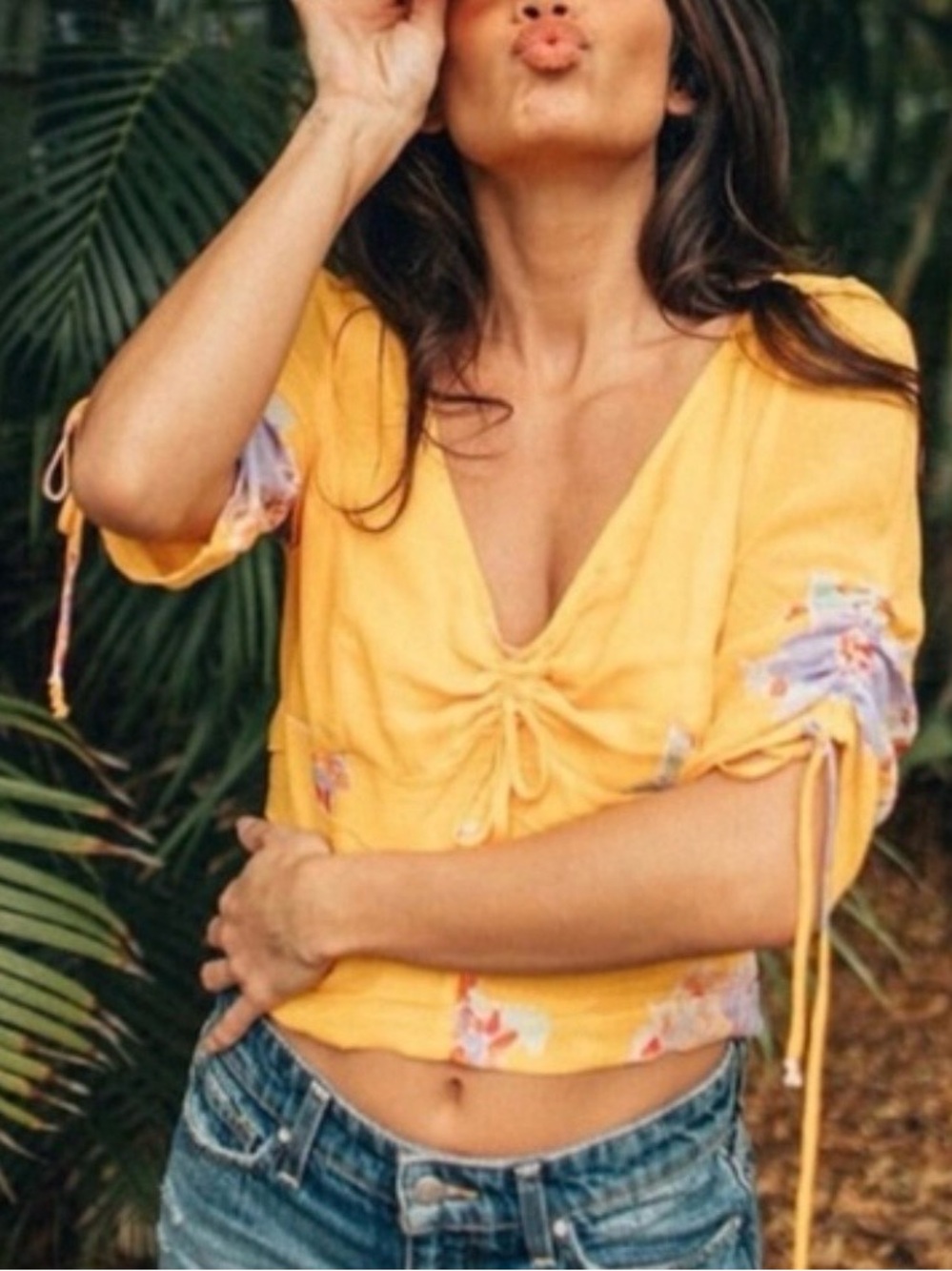 Free People Yellow Drawstring V-Neck Floral Accent Crop Top